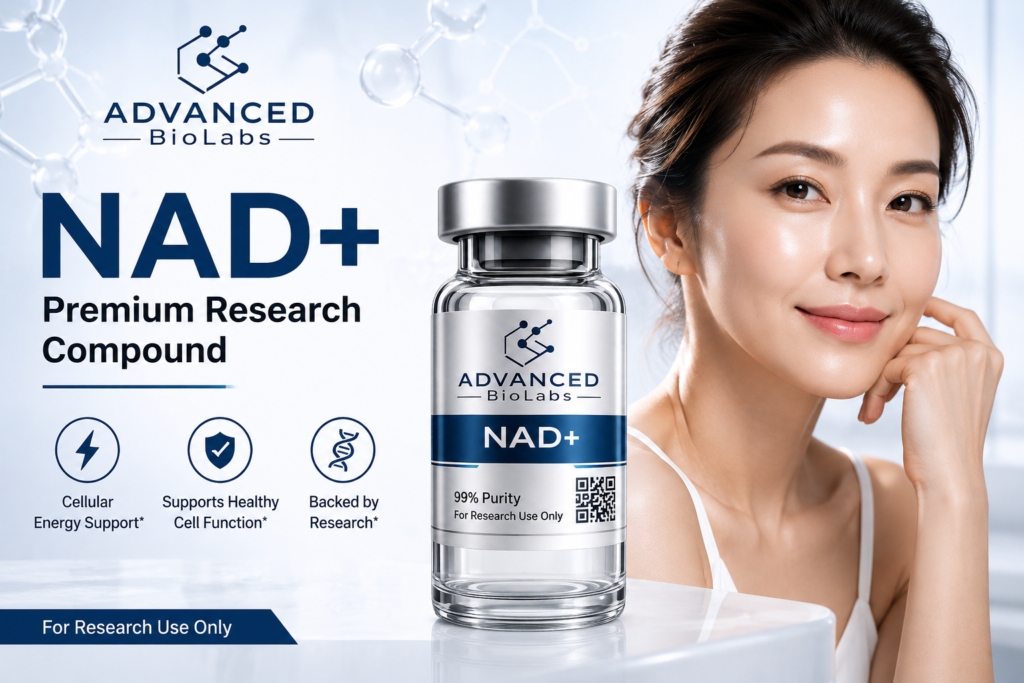 NAD+ by Advanced BioLabs with glowing healthy Asian woman and premium research compound vial