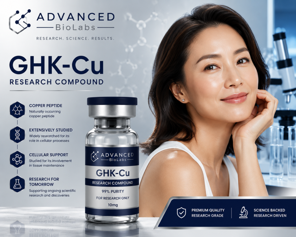 GHK-Cu by Advanced BioLabs with glowing healthy Asian woman and premium research compound vial