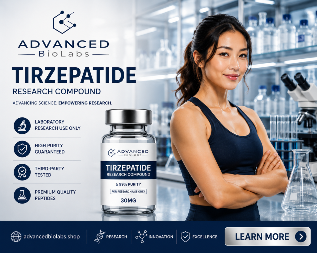 Tirzepatide research compound vial by Advanced BioLabs with fit Asian woman in laboratory setting